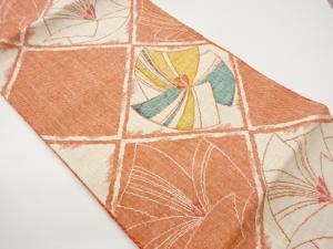 手織り紬菱に抽象花模様織出し名古屋帯